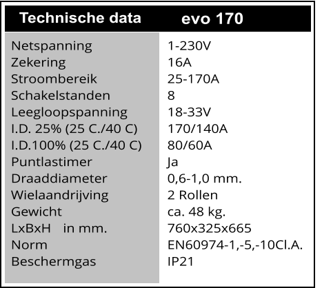 Synchron Steuerung  Technische data evo 170 Netspanning			1-230V Zekering				16A	 Stroombereik			25-170A Schakelstanden			8 Leegloopspanning		18-33V I.D. 25% (25 C./40 C)		170/140A I.D.100% (25 C./40 C)	80/60A Puntlastimer			Ja Draaddiameter			0,6-1,0 mm. Wielaandrijving			2 Rollen Gewicht					ca. 48 kg. LxBxH	in mm.			760x325x665 Norm					EN60974-1,-5,-10Cl.A. Beschermgas			IP21