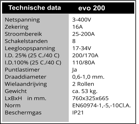 Synchron Steuerung  Technische data evo 200 Netspanning			3-400V Zekering				16A	 Stroombereik			25-200A Schakelstanden			8 Leegloopspanning		17-34V I.D. 25% (25 C./40 C)		200/170A I.D.100% (25 C./40 C)	110/80A Puntlastimer			Ja Draaddiameter			0,6-1,0 mm. Wielaandrijving			2 Rollen Gewicht					ca. 53 kg. LxBxH	in mm.			760x325x665 Norm					EN60974-1,-5,-10Cl.A. Beschermgas			IP21